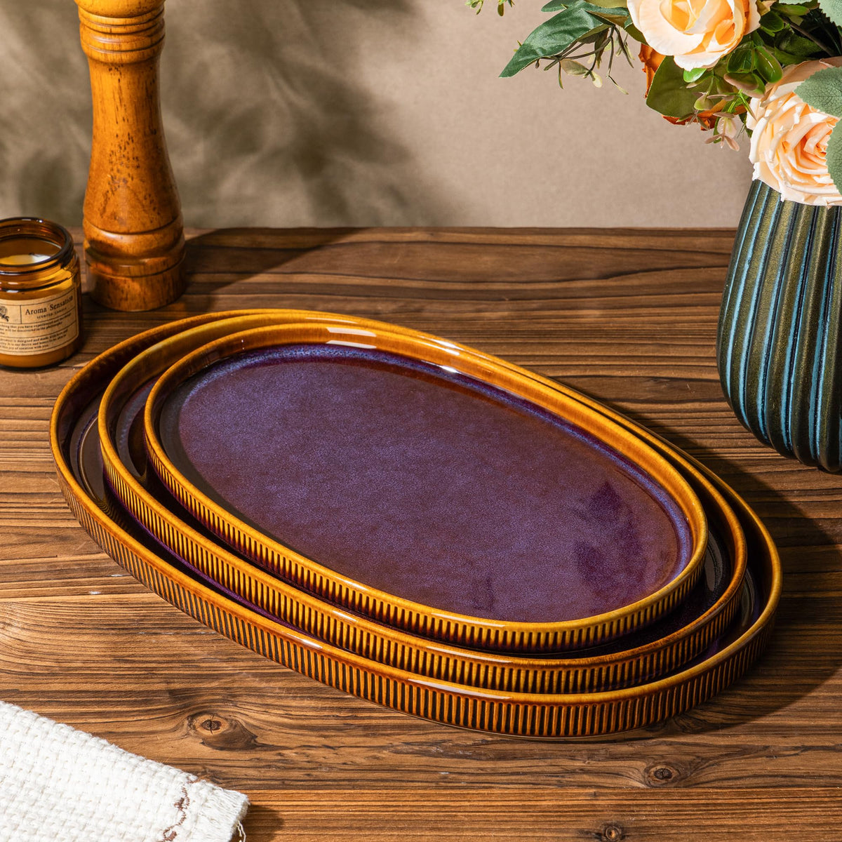 Ceramic Serving Platter Set of 3, Oval Serving Plates and Dishes | 15.6"/14.4"/12.2", Oven & Microwave & Dishwasher Safe, Perfect for Turkey, Parties, Entertaining & Weddings, Cocoa Mocha