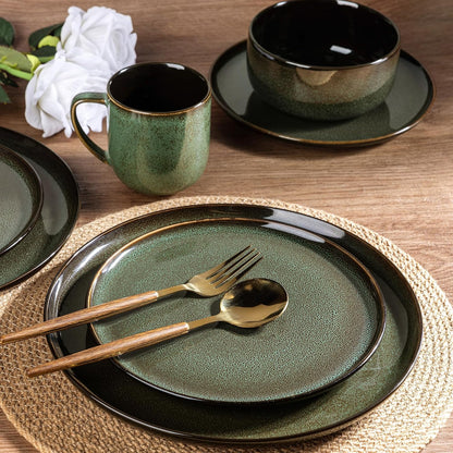 LERATIO Ceramic Dinner Plates Set of 4,10.5 Inch Reactive Glaze Plate Sets | Porcelain Modern Shape Dinnerware Dishes Set for Kitchen,Microwave&Dishwasher&Oven Safe,Scratch Resistant-Green