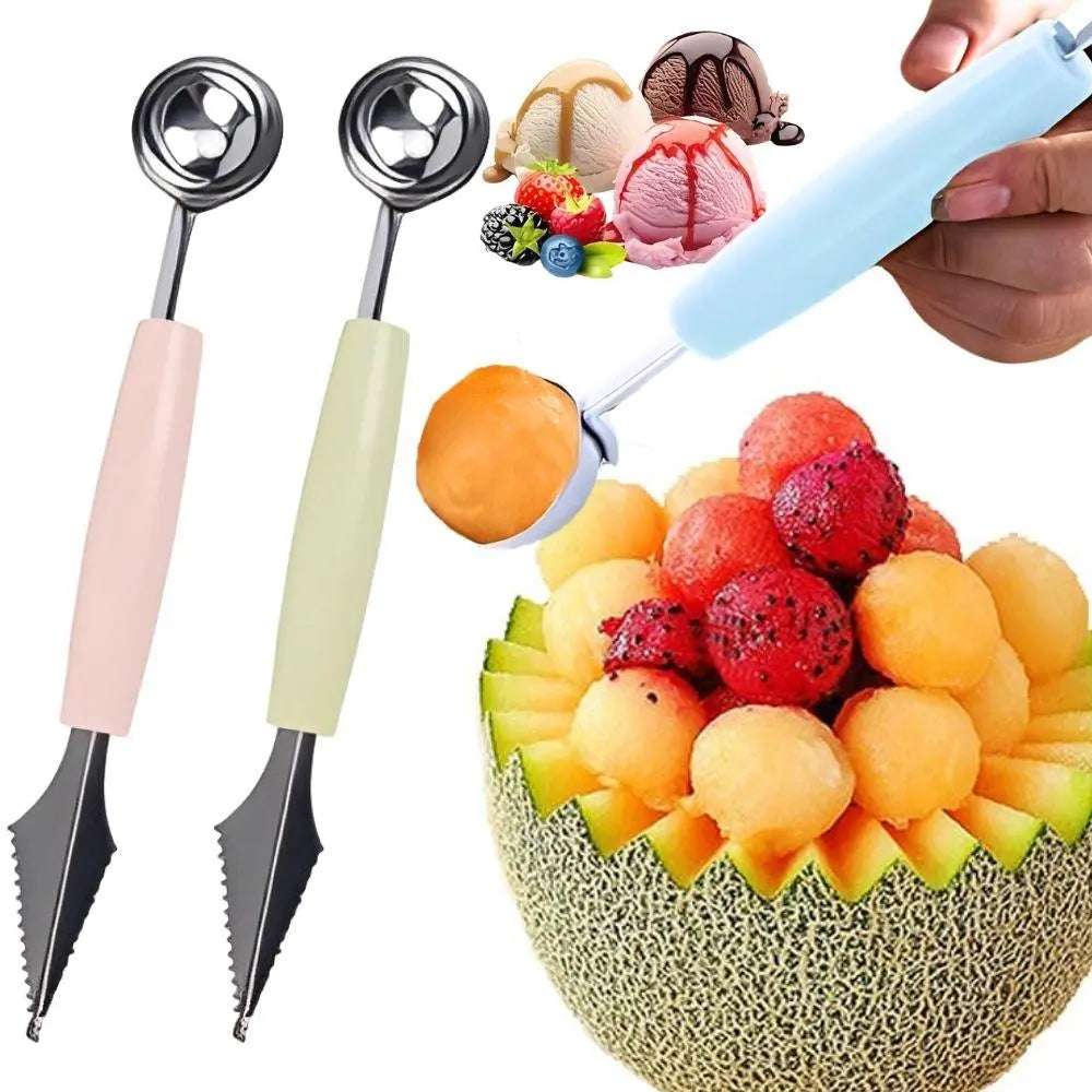 1pc Stainless Steel Double-Ended Fruit Carving Spoon Green/Pink/Blue Ice Cream Spoon Salad Dessert Corrugated Decoration Creative Watermelon Cantaloupe Ball Digger Multifunctional Kitchen Tool YMY