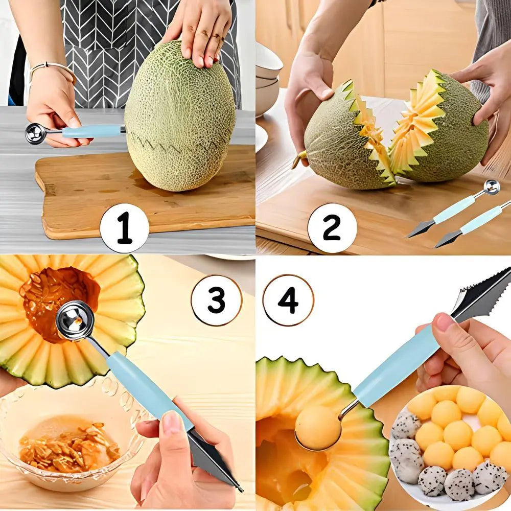 1pc Stainless Steel Double-Ended Fruit Carving Spoon Green/Pink/Blue Ice Cream Spoon Salad Dessert Corrugated Decoration Creative Watermelon Cantaloupe Ball Digger Multifunctional Kitchen Tool YMY