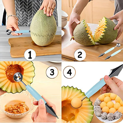 1pc Stainless Steel Double-Ended Fruit Carving Spoon Green/Pink/Blue Ice Cream Spoon Salad Dessert Corrugated Decoration Creative Watermelon Cantaloupe Ball Digger Multifunctional Kitchen Tool YMY