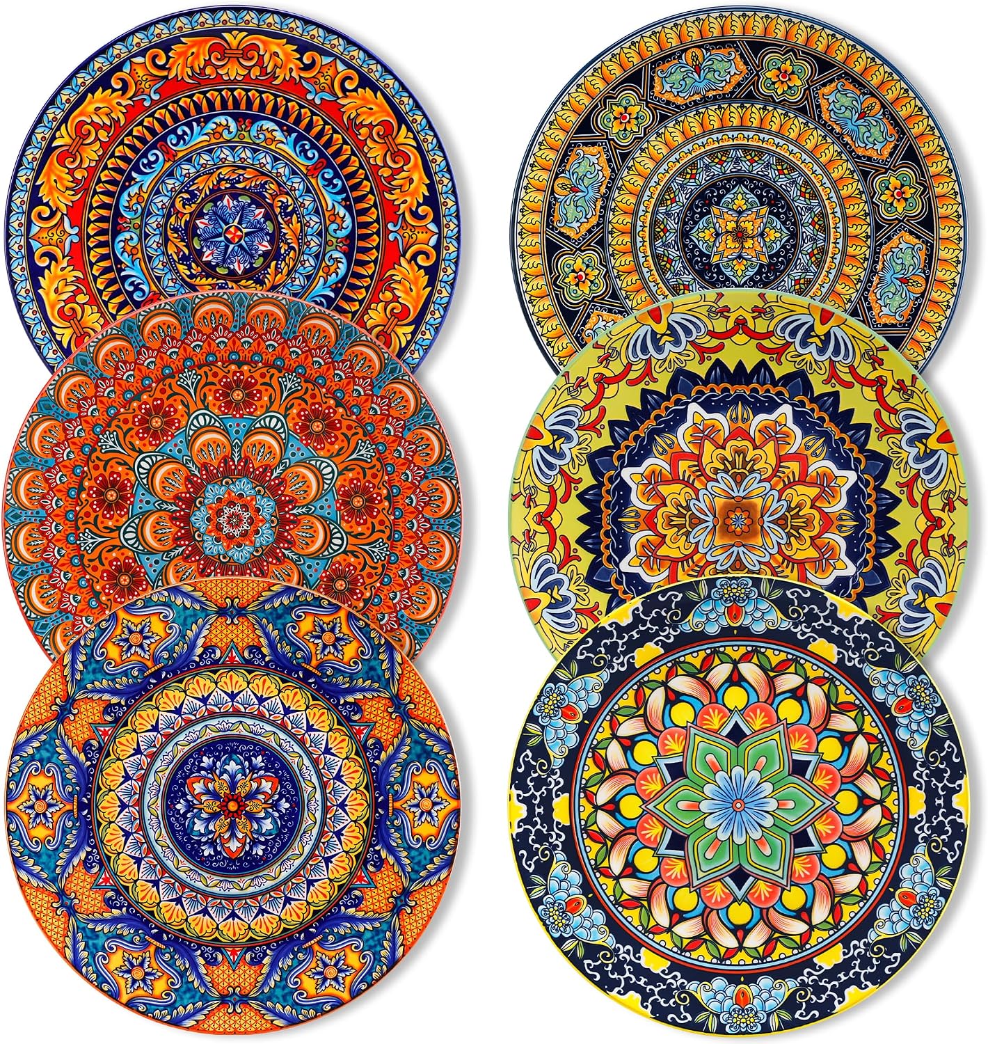 vancasso Colorful Dinner Plates Set of 6, 10.5 Inch Ceramic Kitchen Plates | Boho Dinner Plates Set, Bohemian Printed Dishes for Dining, Microwave & Dishwasher Safe Plate Set, Series KRVI