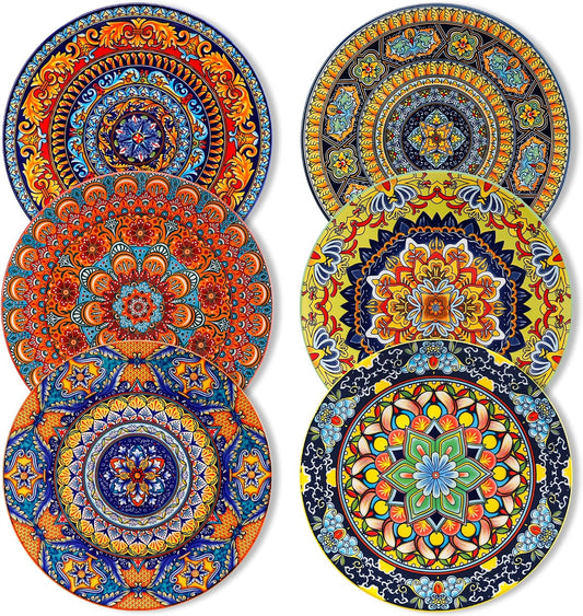 vancasso Colorful Dinner Plates Set of 6, 10.5 Inch Ceramic Kitchen Plates | Boho Dinner Plates Set, Bohemian Printed Dishes for Dining, Microwave & Dishwasher Safe Plate Set, Series KRVI