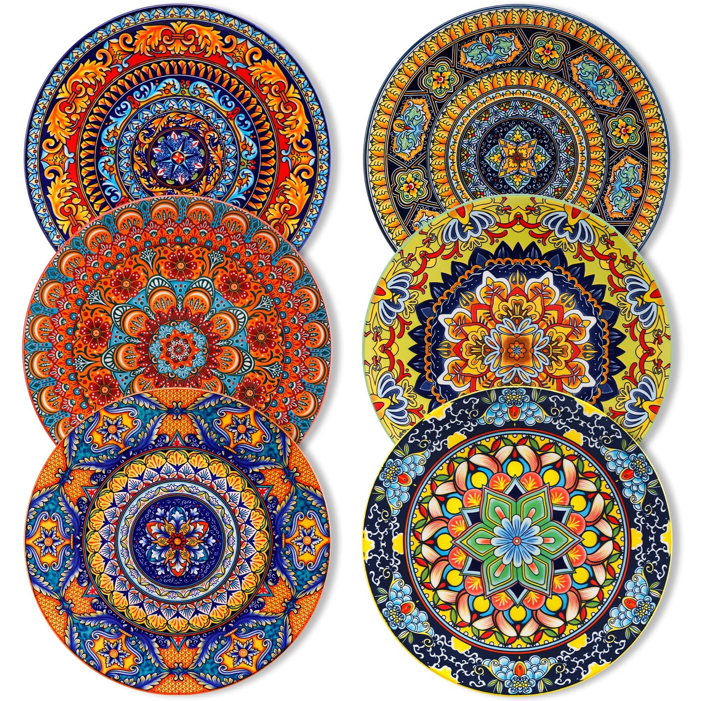 vancasso Colorful Dinner Plates Set of 6, 10.5 Inch Ceramic Kitchen Plates | Boho Dinner Plates Set, Bohemian Printed Dishes for Dining, Microwave & Dishwasher Safe Plate Set, Series KRVI