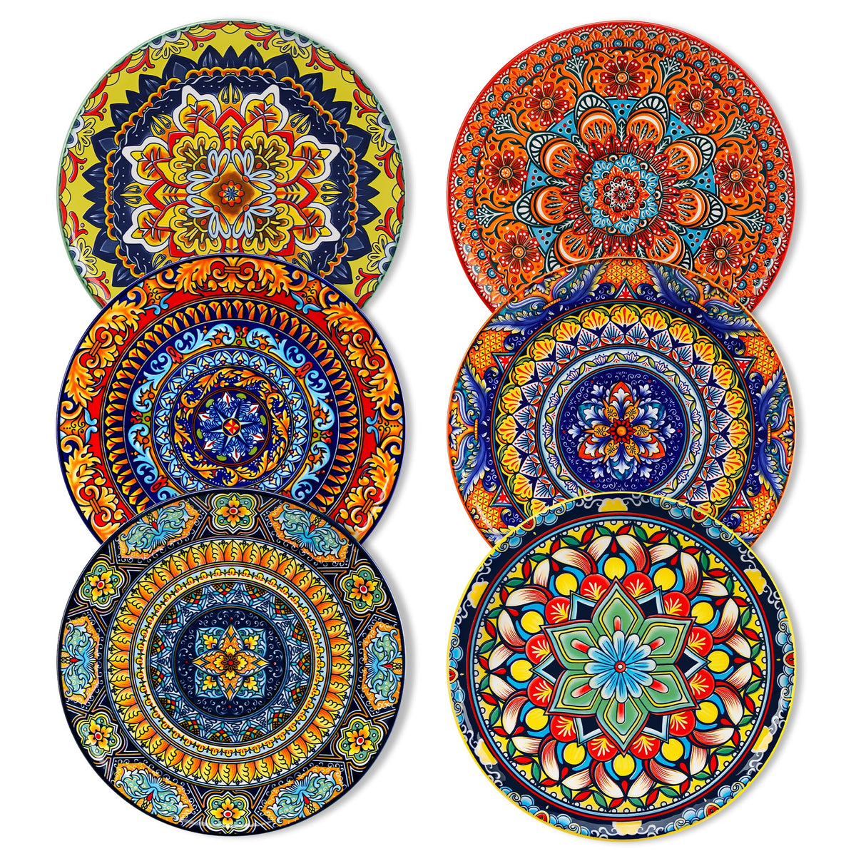 vancasso Colorful Dinner Plates Set of 6, 10.5 Inch Ceramic Kitchen Plates | Boho Dinner Plates Set, Bohemian Printed Dishes for Dining, Microwave & Dishwasher Safe Plate Set, Series KRVI