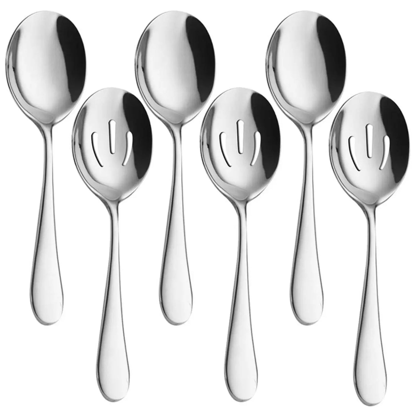 Stainless Steel Serving Utensils Set, 6-Piece Classic Kitchen Cutlery with 3 Solid and 3 Slotted Spoons, 8.7-Inch Tools for Buffet & Banquet, Tableware