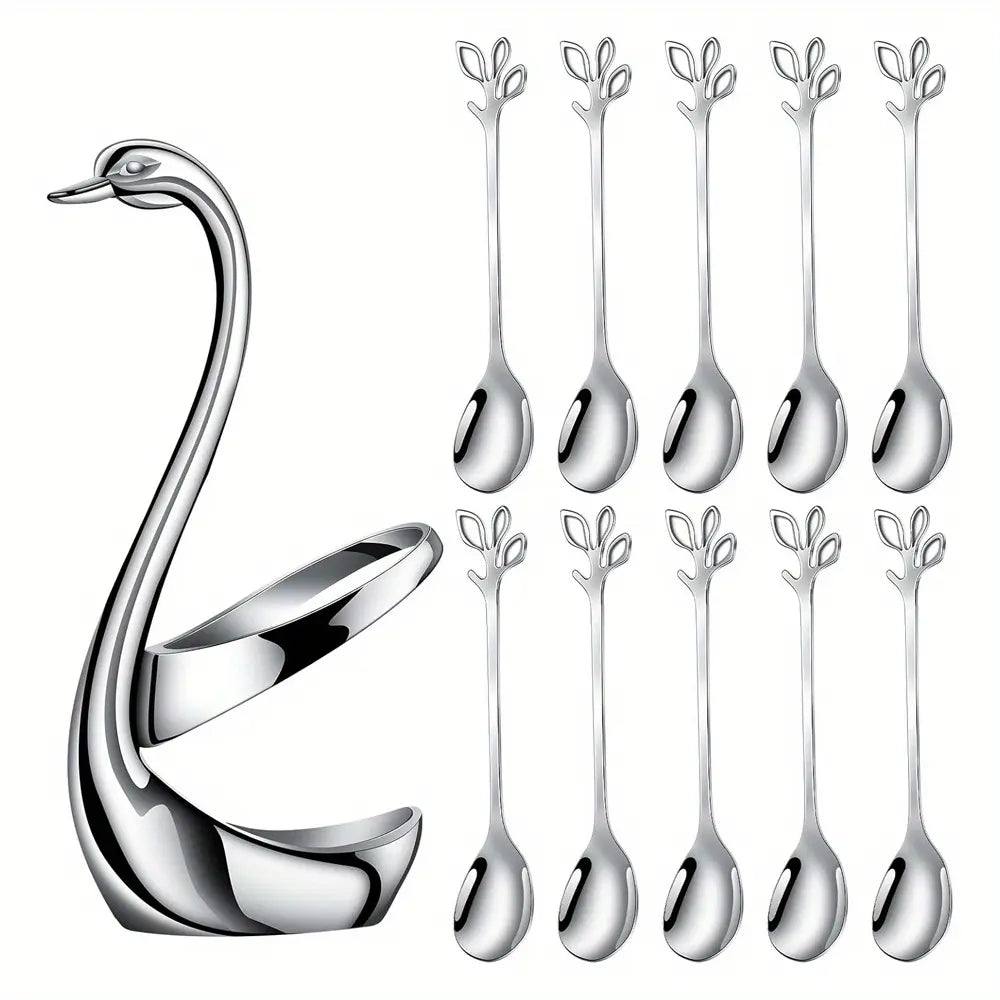 10Pcs Stainless Steel Spoons Dinnerware Set with Decorative Swan Spoon Holder Set Coffee Spoon Organizer Multifunctional Swan Base Spoon Holder for Coffee Dessert Salad