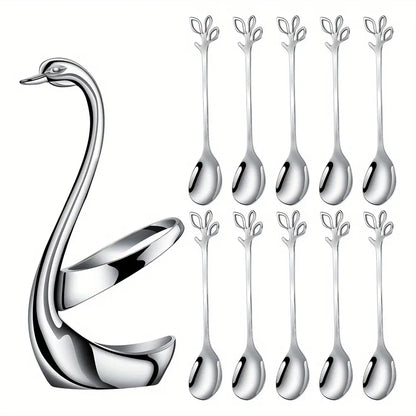 10Pcs Stainless Steel Spoons Dinnerware Set with Decorative Swan Spoon Holder Set Coffee Spoon Organizer Multifunctional Swan Base Spoon Holder for Coffee Dessert Salad