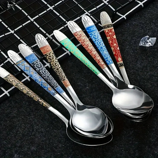 10pcs Random Color Patterns Stainless Steel Vintage Print Soup Spoons - Elegant Tableware Set with Durable Construction, Easy to Clean,Simple Milk Spoon, Modern Stirring Spoon, Reusable Spoon
