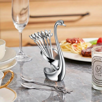 10Pcs Stainless Steel Spoons Dinnerware Set with Decorative Swan Spoon Holder Set Coffee Spoon Organizer Multifunctional Swan Base Spoon Holder for Coffee Dessert Salad