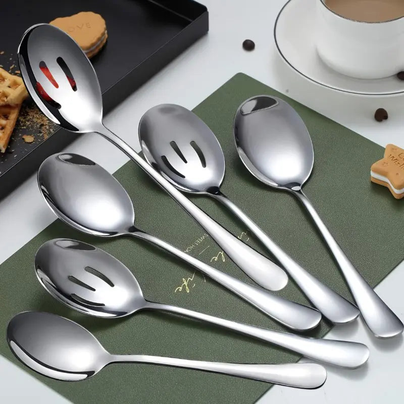 Stainless Steel Serving Utensils Set, 6-Piece Classic Kitchen Cutlery with 3 Solid and 3 Slotted Spoons, 8.7-Inch Tools for Buffet & Banquet, Tableware