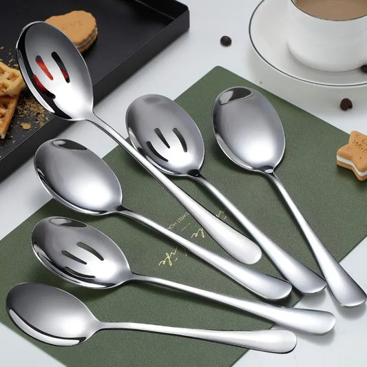 Stainless Steel Serving Utensils Set, 6-Piece Classic Kitchen Cutlery with 3 Solid and 3 Slotted Spoons, 8.7-Inch Tools for Buffet & Banquet, Tableware