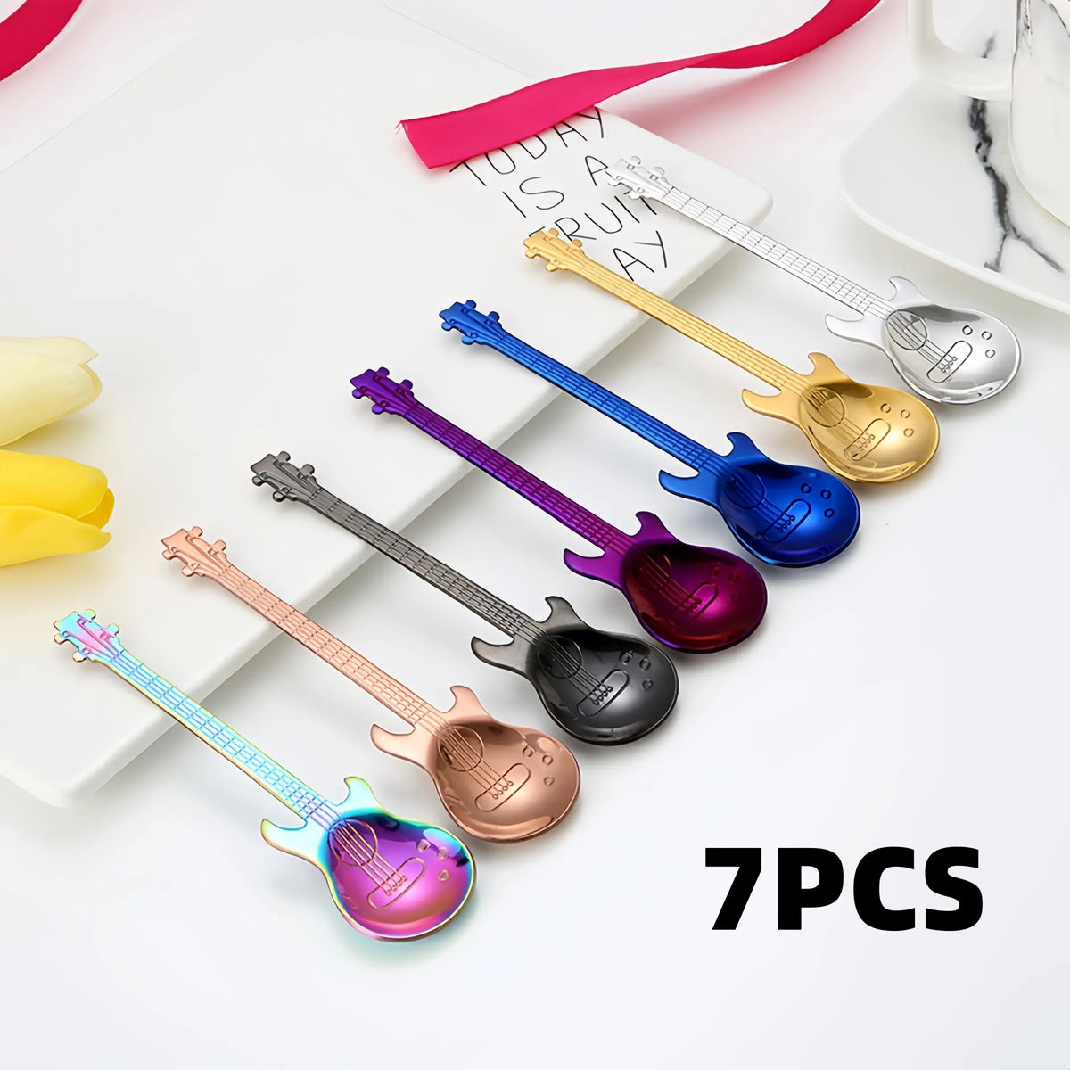 7pcs Stainless Steel Spoon Set, Guitar Shape Coffee Stirrer, Ice Bar Music Bar Spoon, Ideal for Home, Restaurant, Café, Party, Coffee Spoons