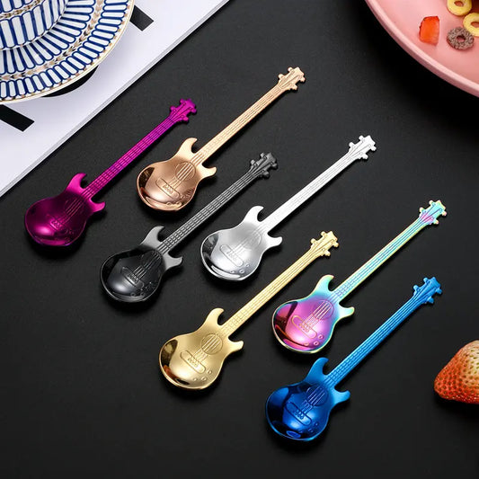 7pcs Stainless Steel Spoon Set, Guitar Shape Coffee Stirrer, Ice Bar Music Bar Spoon, Ideal for Home, Restaurant, Café, Party, Coffee Spoons