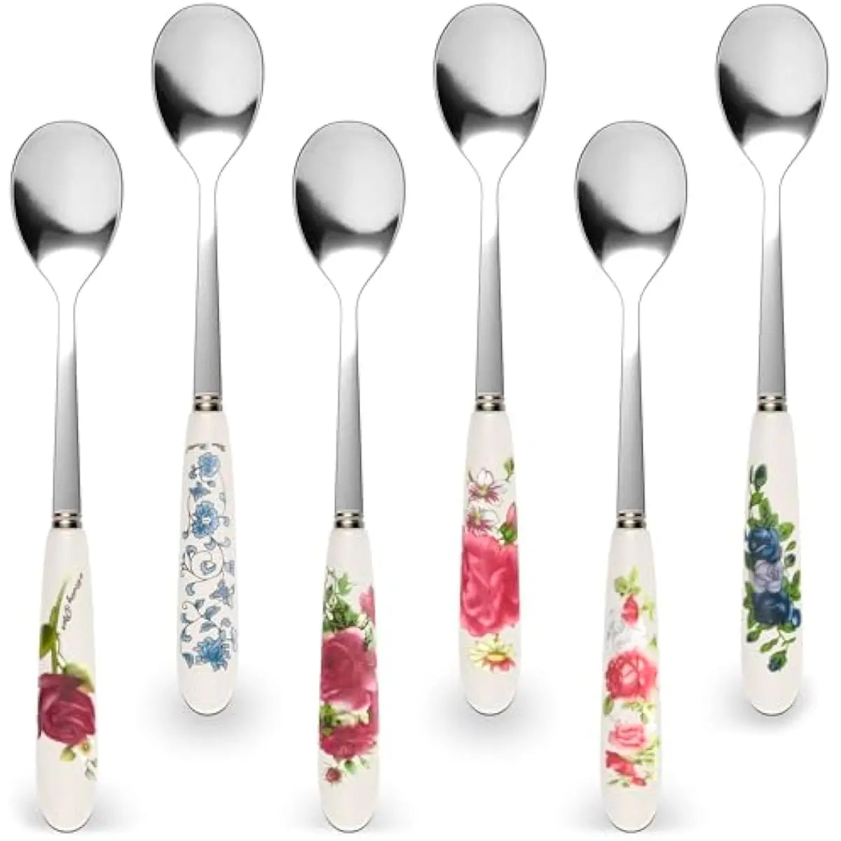 6 PCs Ceramic Handle Coffee Spoons Set – 6.1" Small Dessert Spoons with Floral Design – Stainless Steel Tea & Dessert Sugar Spoon for Coffee Bar, Espresso, Hot Drinks | Kitchen Gift Set for Women