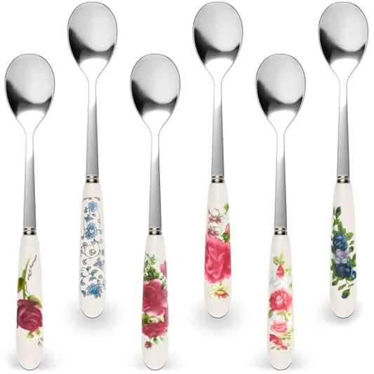 6 PCs Ceramic Handle Coffee Spoons Set – 6.1" Small Dessert Spoons with Floral Design – Stainless Steel Tea & Dessert Sugar Spoon for Coffee Bar, Espresso, Hot Drinks | Kitchen Gift Set for Women
